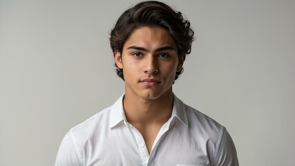 Obraz premium teen stunning brunette hispanic man with white shirt model portrait standing straight on a plain white background for ad concept space for text