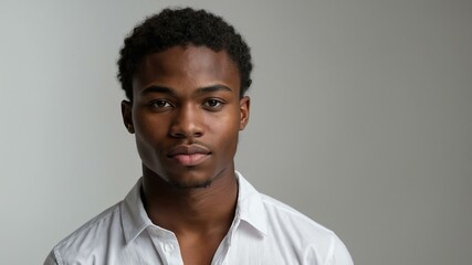 Fototapeta premium teen stunning brunette subsaharan african man with white shirt model portrait standing straight on a plain white background for ad concept space for text