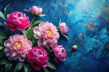 Obraz premium stunning close-up of peonies on a dark blue ombre background with bold brushstrokes and abstract watercolor texture