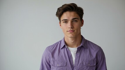 Fototapeta premium teen stunning brunette white man with purple shirt model portrait standing straight on a plain white background for ad concept space for text