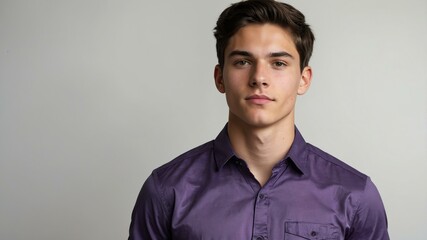 Obraz premium teen stunning brunette white man with purple shirt model portrait standing straight on a plain white background for ad concept space for text