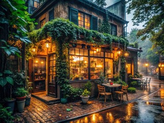Fototapeta premium Moody Rainy Cityscape Foggy Morning Vintage Coffee Shop Cozy Greenery Warm Lighting Retro Nostalgia Atmospheric Mysterious