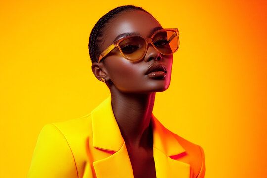 Modern Woman in Electric Yellow Suit with Solid Neon Orange Background Trendsetting Portrait