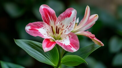 Fototapeta premium Close-up of a beautiful red flower in a natural setting. Red and pink flower with leaves and stem.