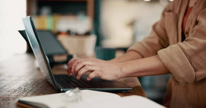 Remote work, laptop and hands typing in home office for schedule, update or agenda with virtual assistant. Freelancer, person and writing on keyboard closeup online for research, blog or planning