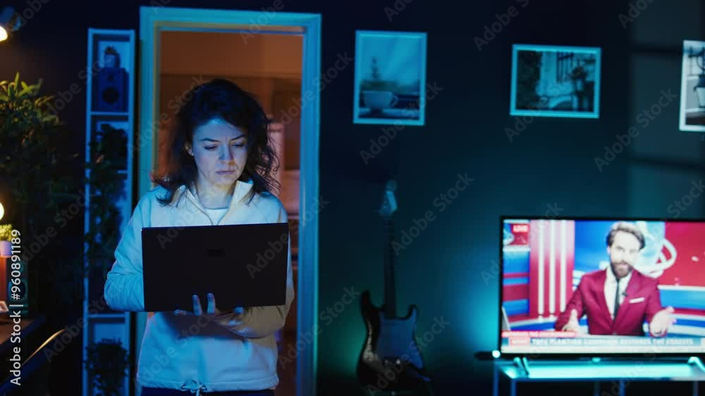 Poster computer scientist walking at home, developing software applications using laptop. it professional s