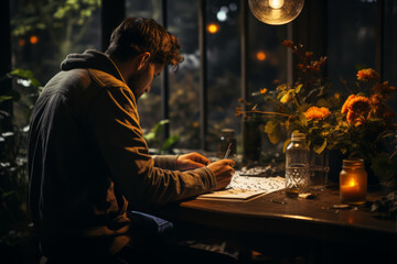 A person writing poetry in a dimly lit room, the atmosphere charged with inspiration. Concept of creative writing and emotional depth. Generative Ai.