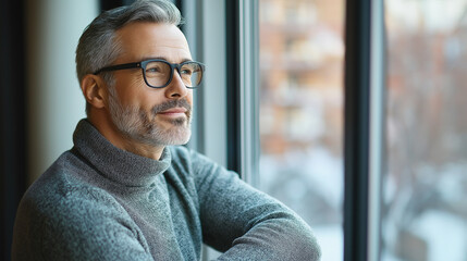 Fototapeta premium Attractive mature man leaning on the sill of a large bright window with copy space looking away