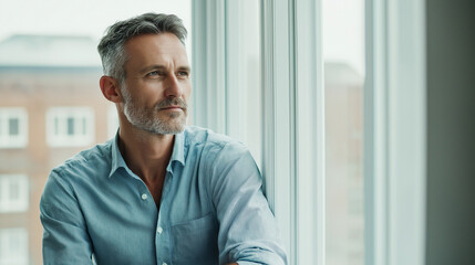 Fototapeta premium Attractive mature man leaning on the sill of a large bright window with copy space looking away