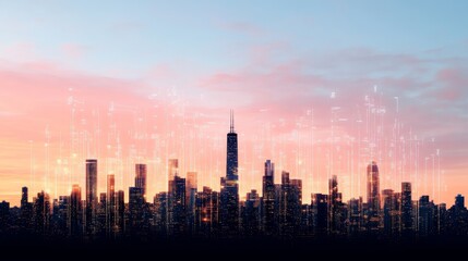 A Futuristic Cityscape Merging Skyscrapers with Translucent Data Grids