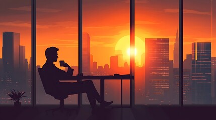 Obraz premium Businessman Silhouetted Against City Skyline Sunset