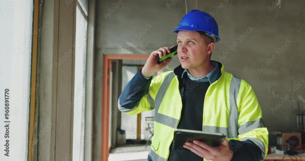 Poster Phone call, tablet and engineering with man on construction site for project management, property development and building inspection. Architecture, communication and digital blueprint with person