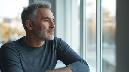 Obraz premium Attractive mature man leaning on the sill of a large bright window with copy space looking away