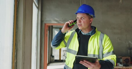 Phone call, tablet and engineering with man on construction site for project management, property development and building inspection. Architecture, communication and digital blueprint with person