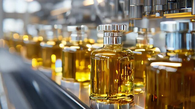 several bottles with golden liquid on the production line in a perfume factory