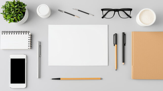 Flat lay of a modern workspace with stationery, notebook, smartphone, and plant on a clean desk