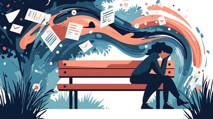 Woman Feeling Overwhelmed by Work and Life Tasks on a Park Bench