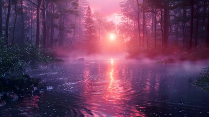 A tranquil forest scene with a river winding through the trees and a breathtaking sunset casting a pink glow over the water and fog.