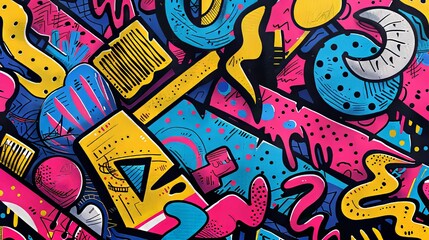 Fototapeta premium Abstract Graffiti Art with Yellow, Pink, and Blue Shapes
