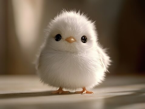 Charming Little White Bird Close-Up, Fluffy and Cuddly, Adorable Black Eyes, Perched on Table. High-Definition Cute Bird Photography with Super Detail and Cute Background.