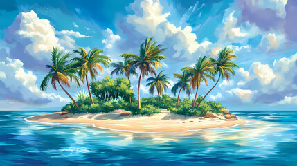 Beautiful tropical island with palm trees and beach panorama as background image. Tropical Island. Illustration