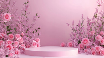 Podium background flower rose product pink 3d spring table beauty stand display nature white. Garden rose floral summer background podium cosmetic valentine easter field scene gift purple day romantic