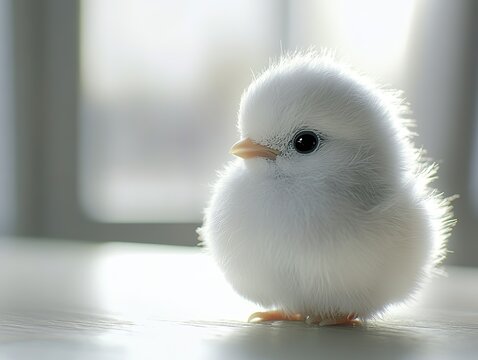 Charming Little White Bird Close-Up, Fluffy and Cuddly, Adorable Black Eyes, Perched on Table. High-Definition Cute Bird Photography with Super Detail and Cute Background.