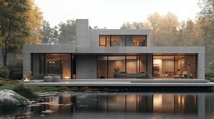 Modern Concrete House with Large Windows Reflecting in a Pond