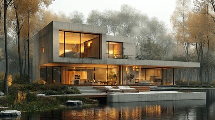 Modern Concrete House with Pool and Deck in a Misty Forest