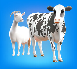 cow and goat on blue background. Vector illustration