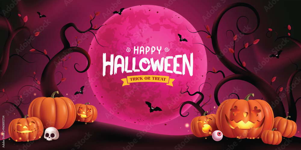 Wall mural happy halloween text vector banner design. halloween trick or treat greeting in red full moon spooky