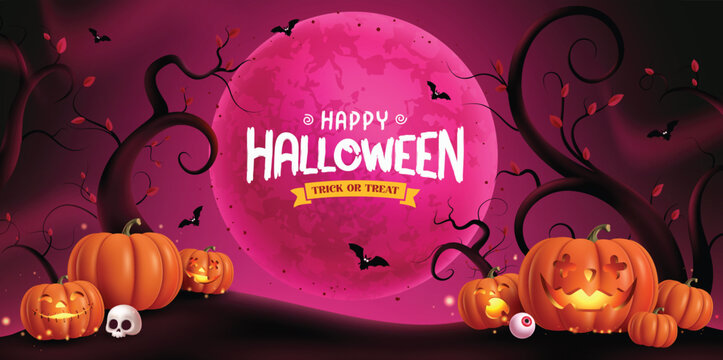Happy halloween text vector banner design. Halloween trick or treat greeting in red full moon spooky grave yard background with cute, creepy, and funny jack o lantern pumpkins facial expressions. 