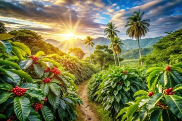 Fototapeta premium Vibrant Tropical Coffee Plantation Bright Green Leaves Sunlit Exotic Destination Warm Vibrant Colors Energetic Playful Adventure