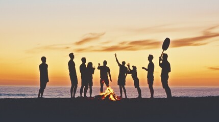 Fototapeta premium Friends Enjoying a Bonfire on the Beach at Sunset
