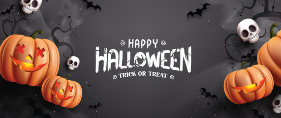 Happy halloween background vector banner design.  Halloween trick or treat greeting text in scary night black background with cute spooky element like jack o lantern, skull and bats. Vector 