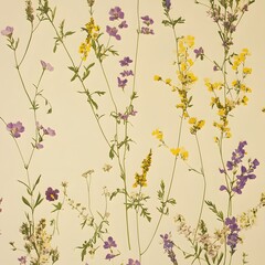 Elegant and Soothing Wallpaper Design Featuring a Stylized Pattern of Vibrant Purple and Yellow Wildflowers on a Pale Yellow Background