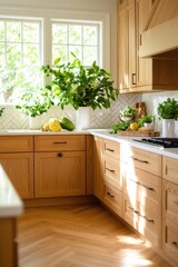 Bright, open kitchen with light maple cabinets and a white herringbone tile backsplash
