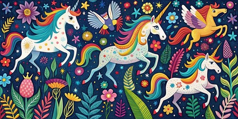 Fototapeta premium Whimsical hand-drawn illustrations Unicorn's fantastical world bold lines vibrant colors playful patterns upbeat carefree atmosphere subtle textures