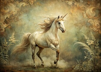 Vintage-inspired Unicorn's ornate details distressed textures earthy tones muted colors mystical mysterious atmosphere subtle fog effect