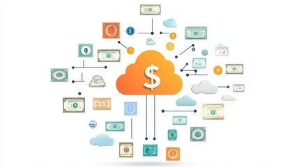 Fototapeta premium Flowchart Illustrating Pathways to Cost Efficiency in Cloud Computing with Dollar Signs