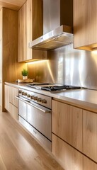 Modern kitchen with light walnut cabinets and a frosted glass backsplash
