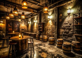 edgy downtown speakeasy vibe vintage distressed walls industrial lighting moody black tones old fashioned whiskey barrels dimly lit mysterious