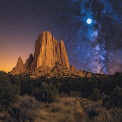 Majestic Desert Monolith Under Starry Night Sky and Milky Way Galaxy Illuminated by Moon in Serene Landscape, Perfect for Stargazing