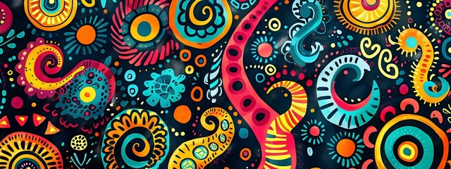 Abstract Colorful Geometric Pattern with Swirls and Circles