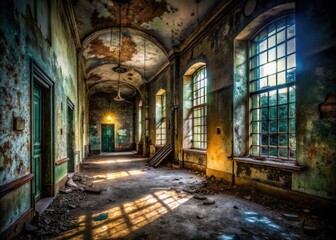 Fototapeta premium london abandoned asylum decaying corridors flickering flashlights peeling paint walls eerie whispering sounds darkness haunting shadows creepy atmosphere