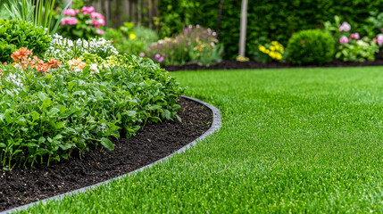 Obraz premium Lush green garden with vibrant flower beds and neatly trimmed grass, showcasing landscaping design and outdoor beauty