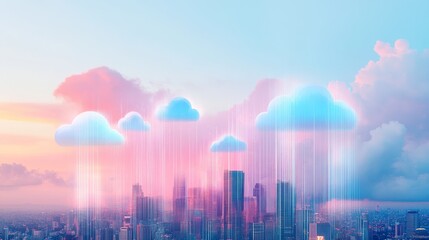 A Futuristic Cityscape with Floating Clouds Representing Serverless Technology