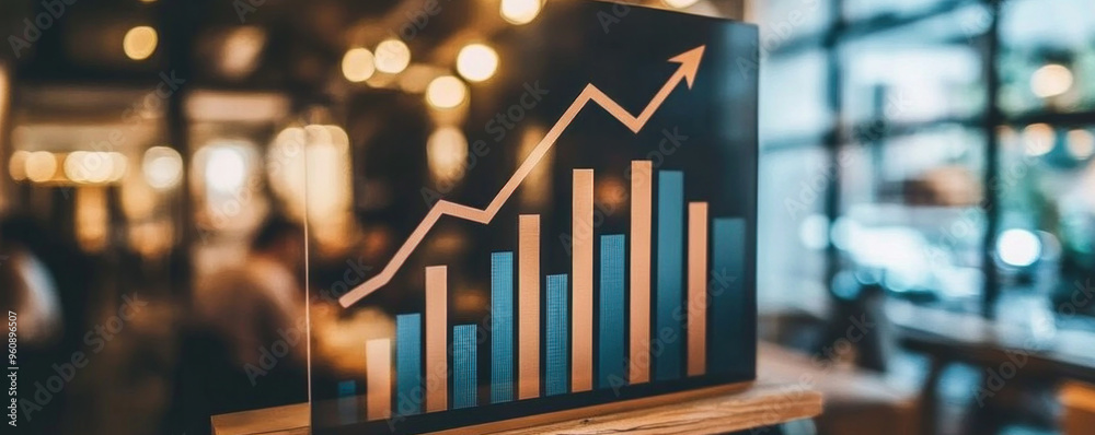 Poster a graph with a line pointing upwards is displayed on a table. the graph shows a positive trend, whic