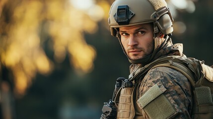 military man in full combat gear, including a helmet and tactical vest, standing ready for action, with a determined look on his face