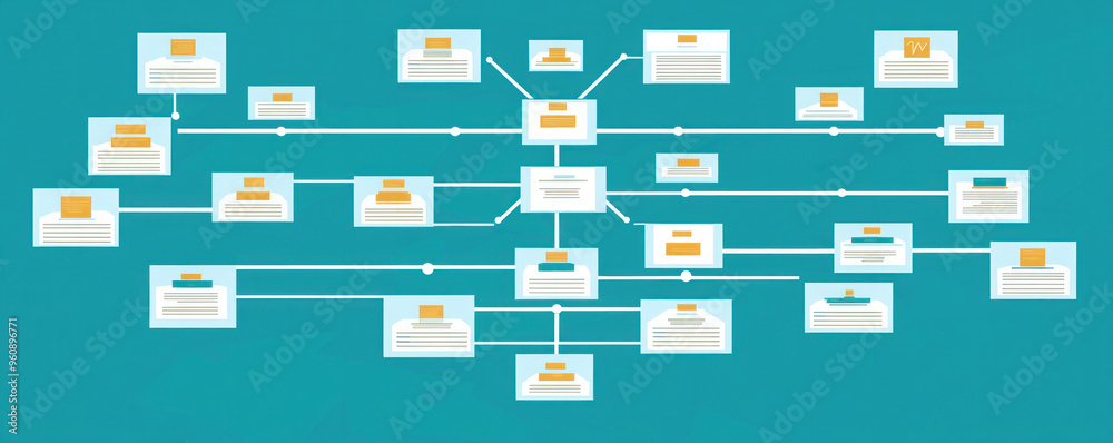 Poster a diagram of a network of files and folders. the diagram is blue and white. the idea of the image is